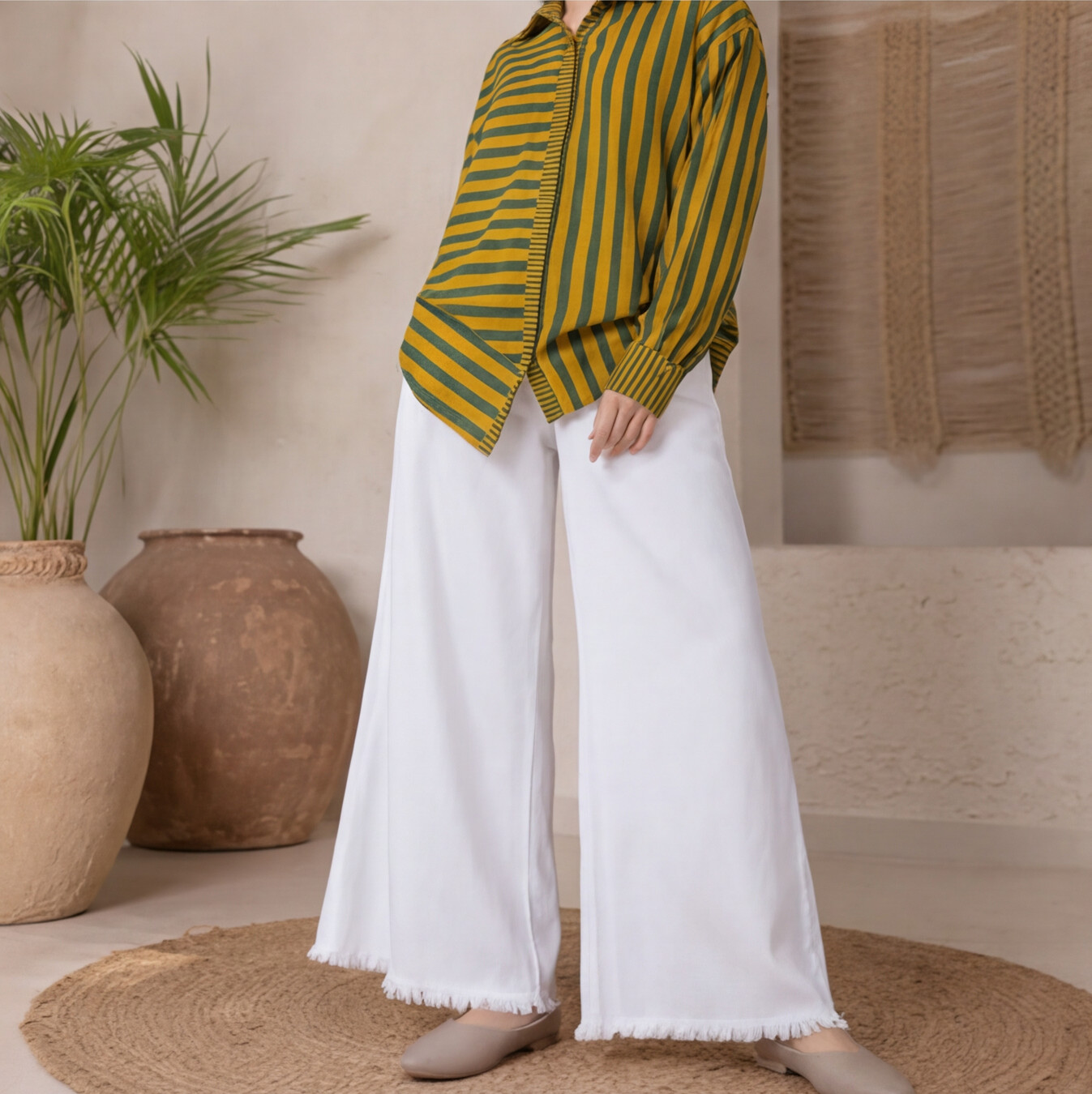 Women's Olive Green & Mustard Striped Oversized Cotton Shirt