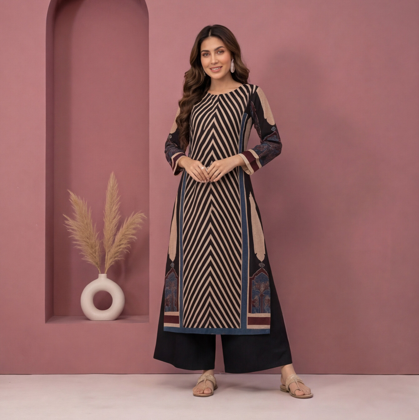 Black & Beige Chevron Printed Straight Kurta Set with Navy Blue Palazzo