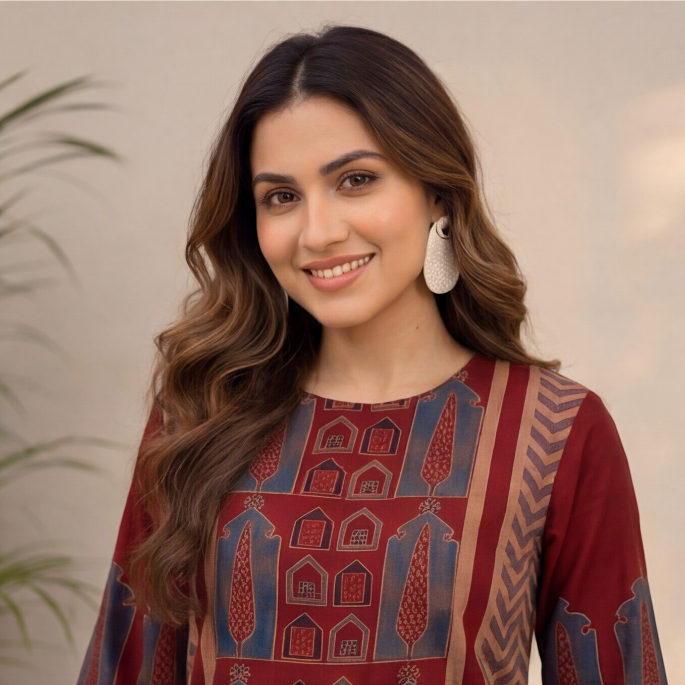 Maroon Geometric Printed Straight Kurta Set with Navy Blue Palazzo