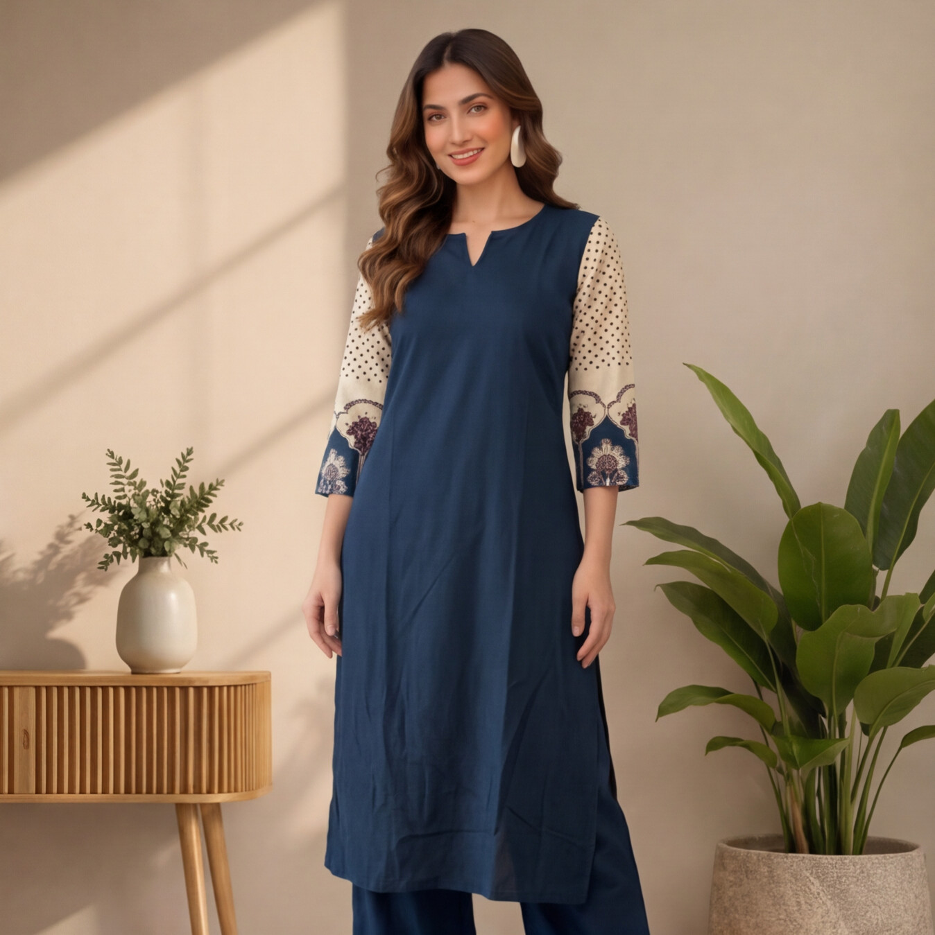 Women's Navy Blue Printed Sleeve Straight Kurta Set
