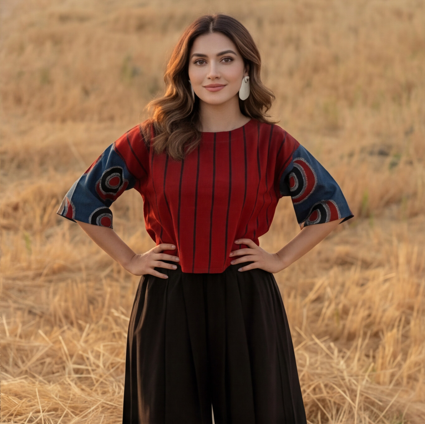 Women’s Red Striped Printed Top with Black Culottes Set