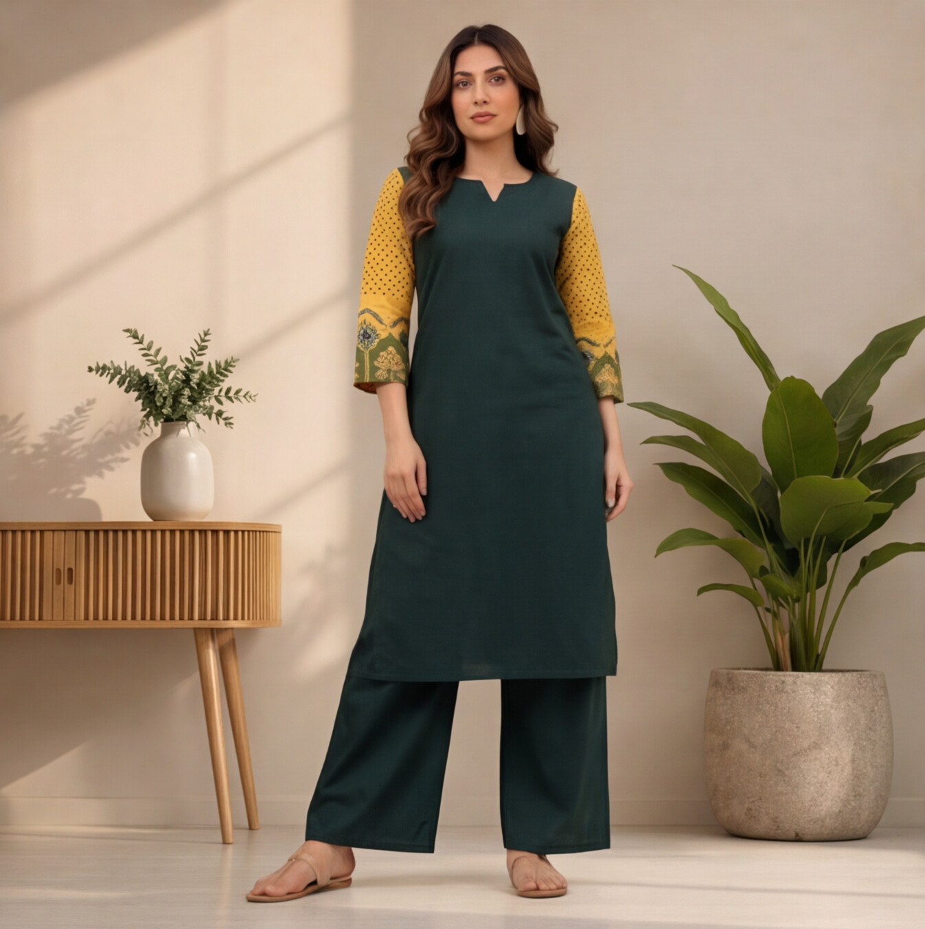 Women's Dark Green Straight Kurta Set with Mustard Printed Sleeves