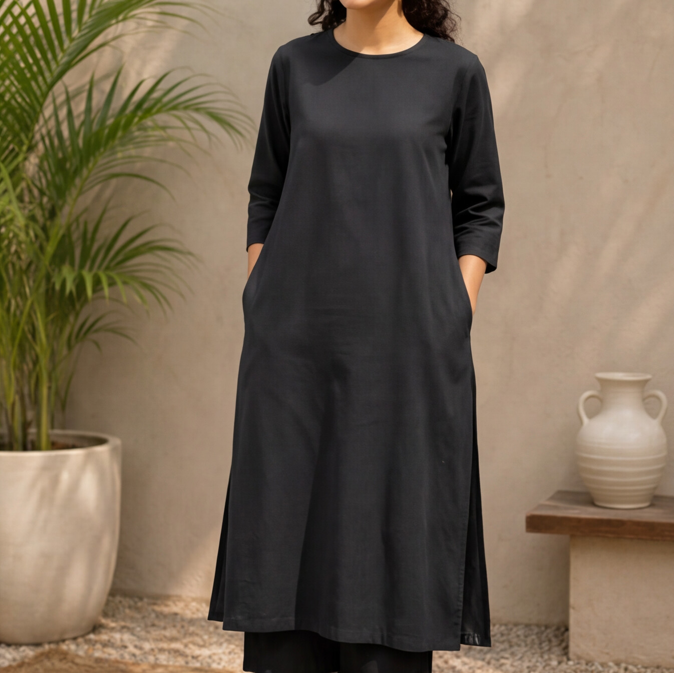 Women's Black Cotton A-Line Kurta