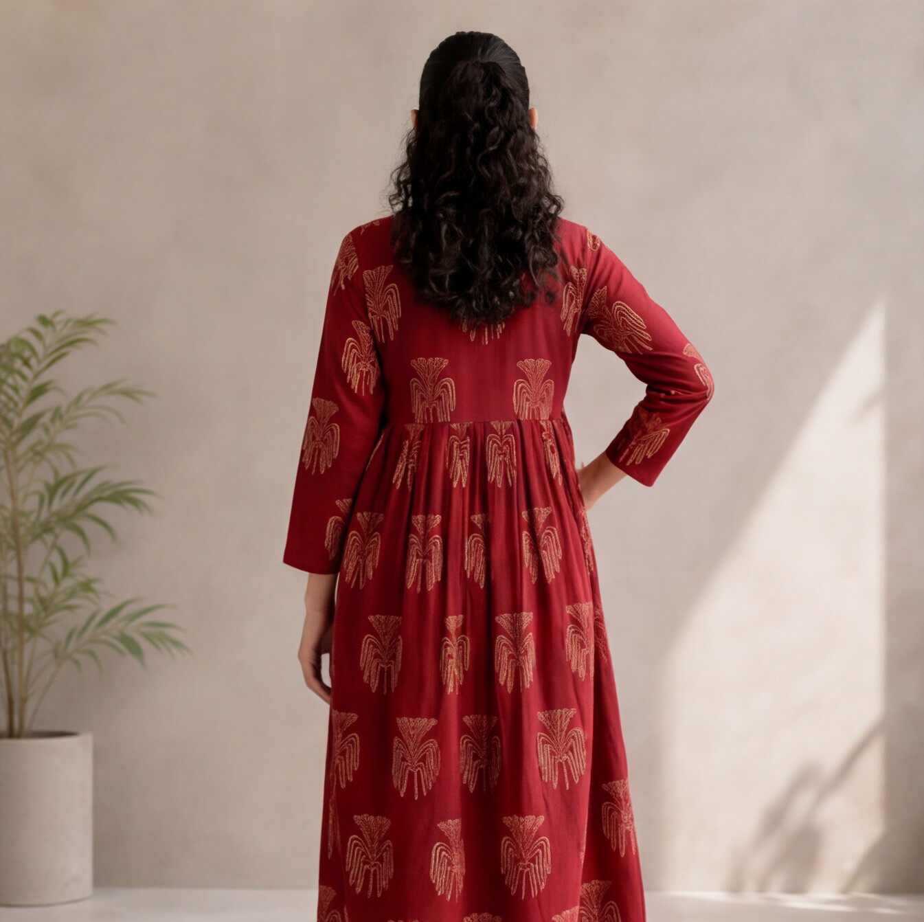 Women's Maroon Printed Cotton A-Line Dress
