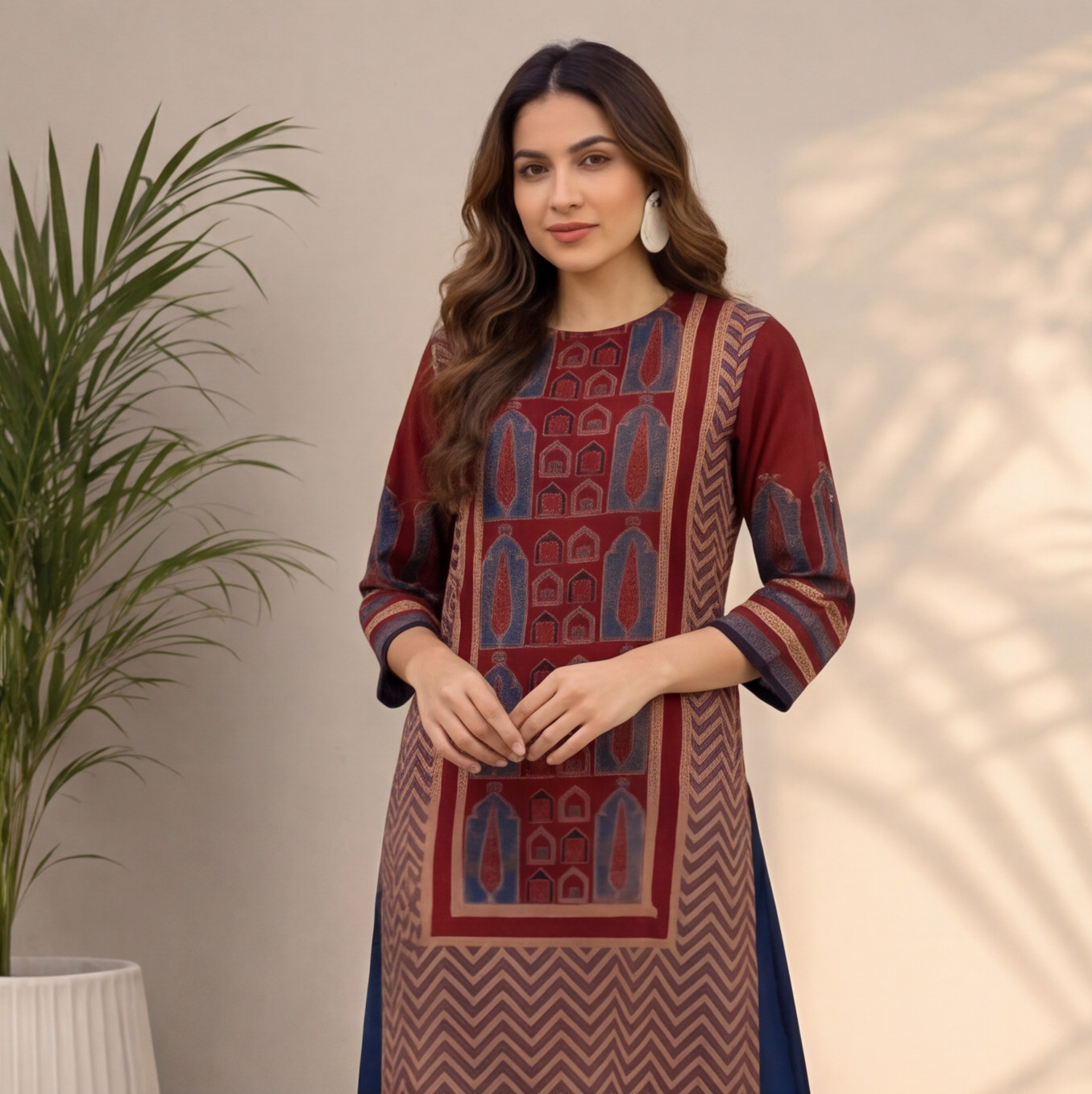 Maroon Geometric Printed Straight Kurta Set with Navy Blue Palazzo