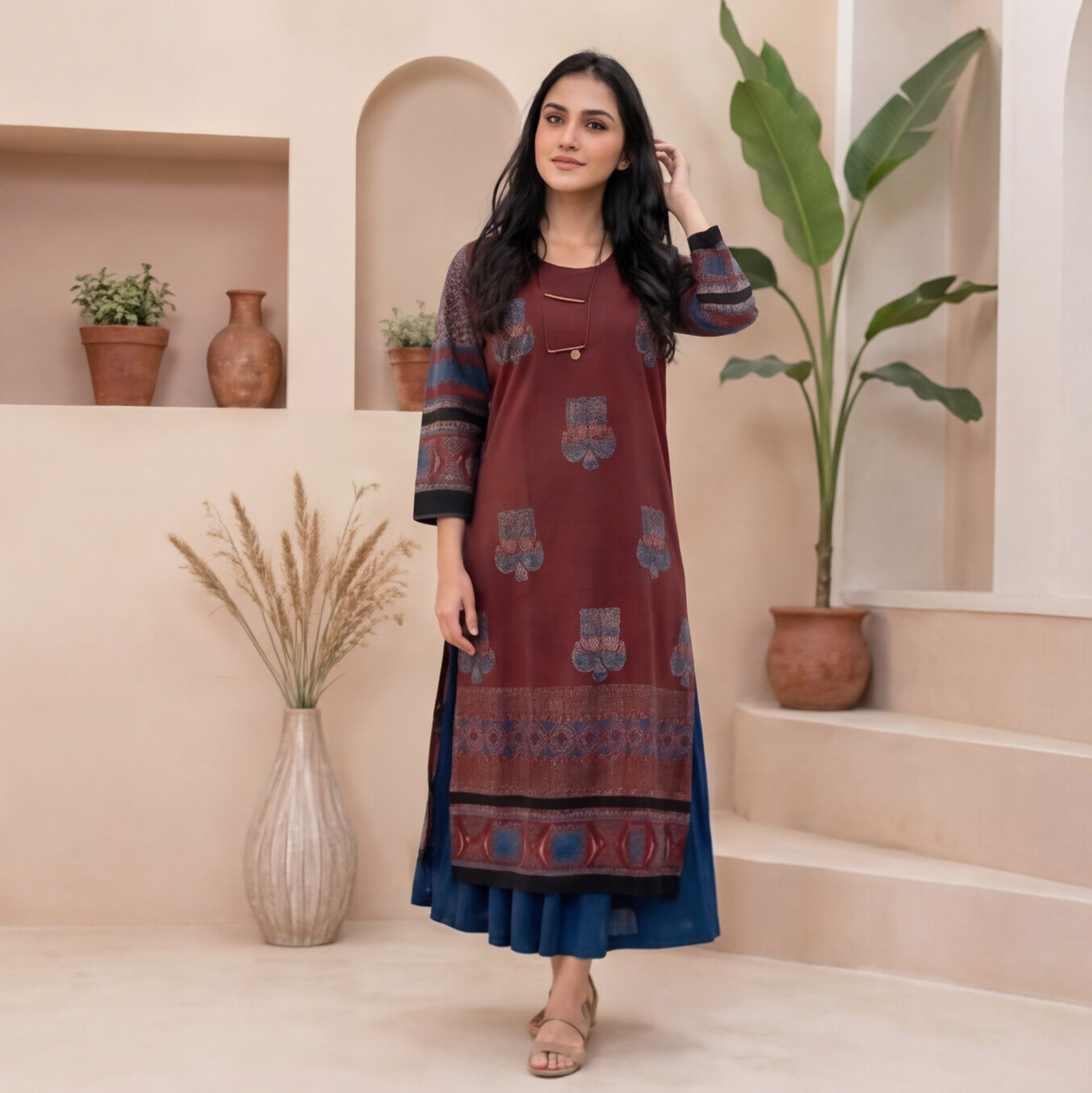 Wine Elegance Printed A-Line Kurta Set