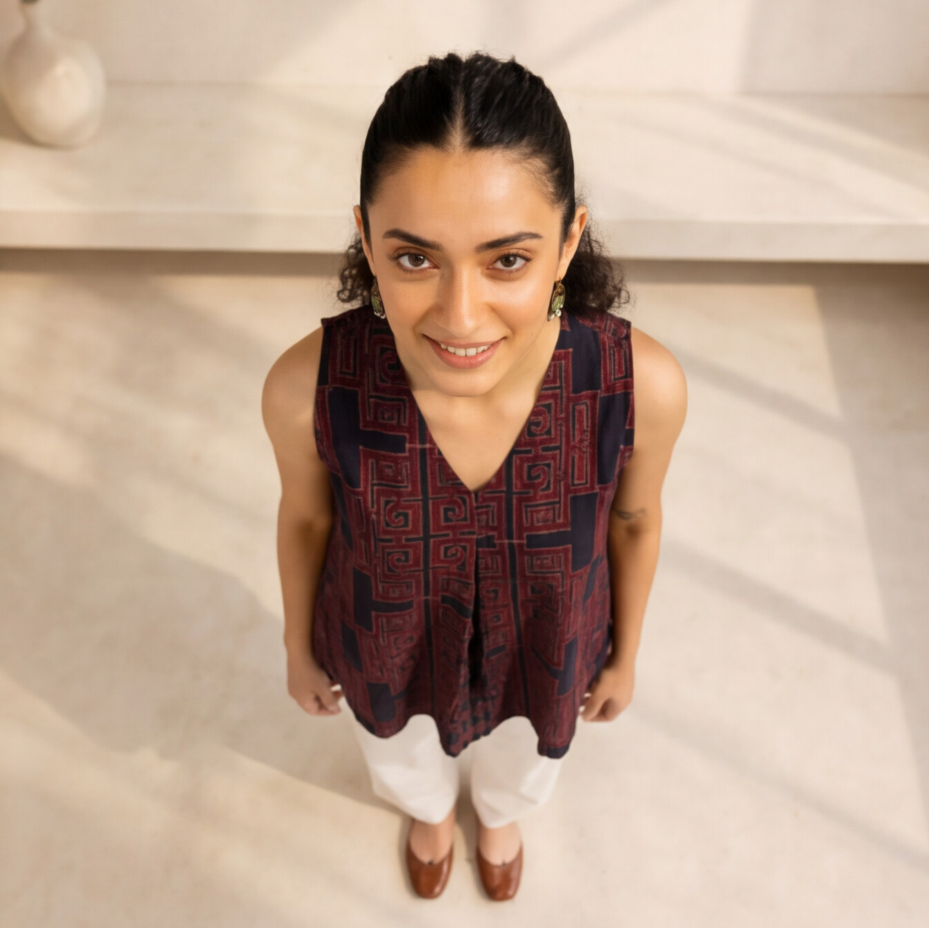 Women's Maroon Printed Sleeveless Cotton Top