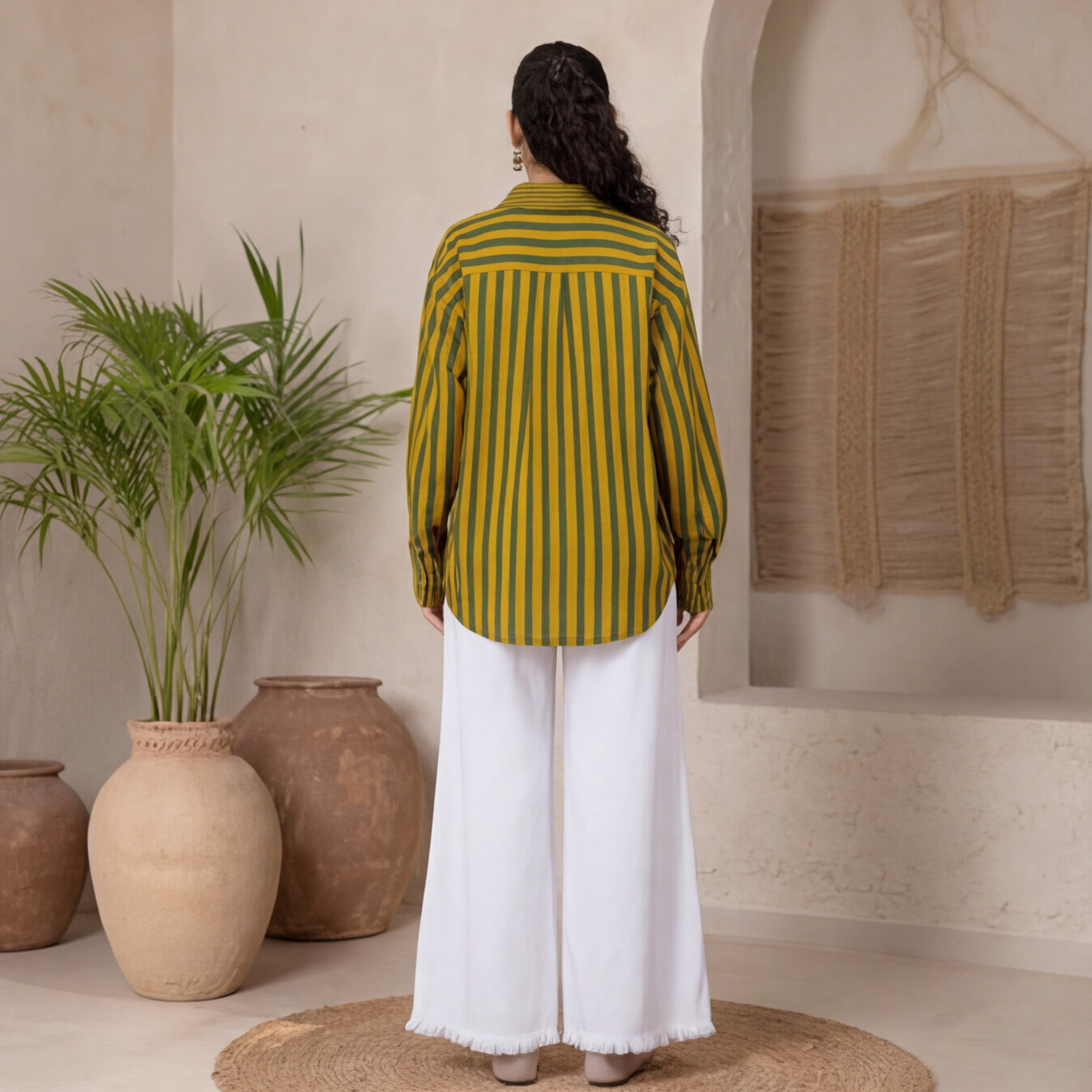 Women's Olive Green & Mustard Striped Oversized Cotton Shirt