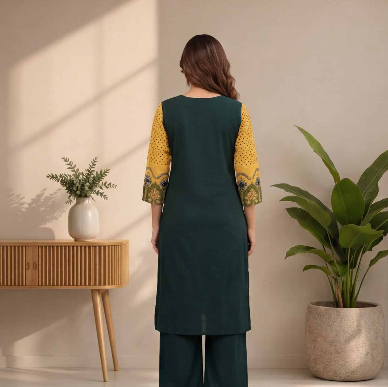 Women's Dark Green Straight Kurta Set with Mustard Printed Sleeves