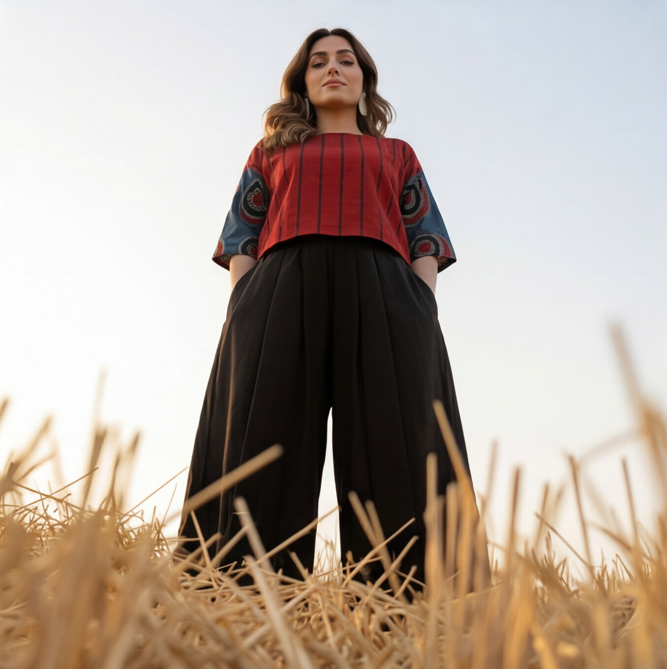 Women’s Red Striped Printed Top with Black Culottes Set