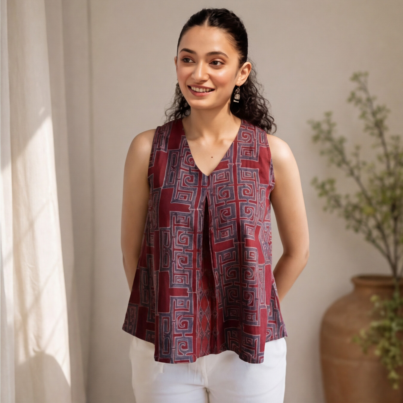 Women's Maroon Printed Sleeveless Cotton Top