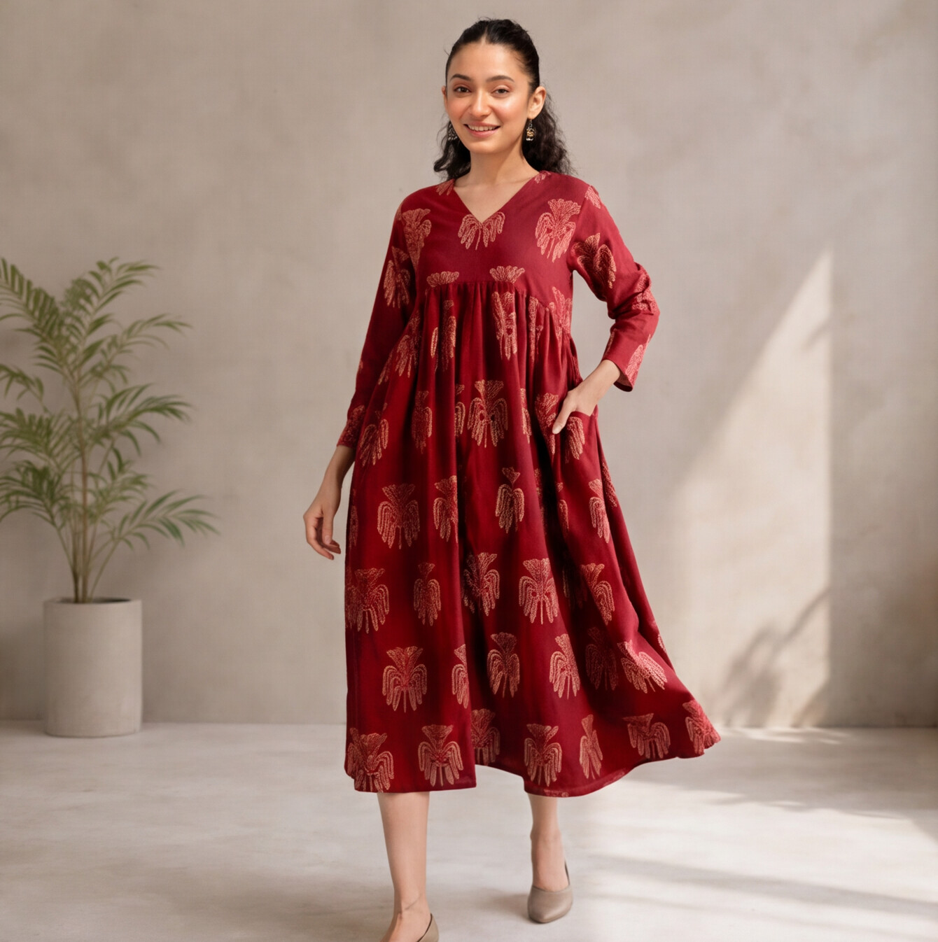 Women's Maroon Printed Cotton A-Line Dress