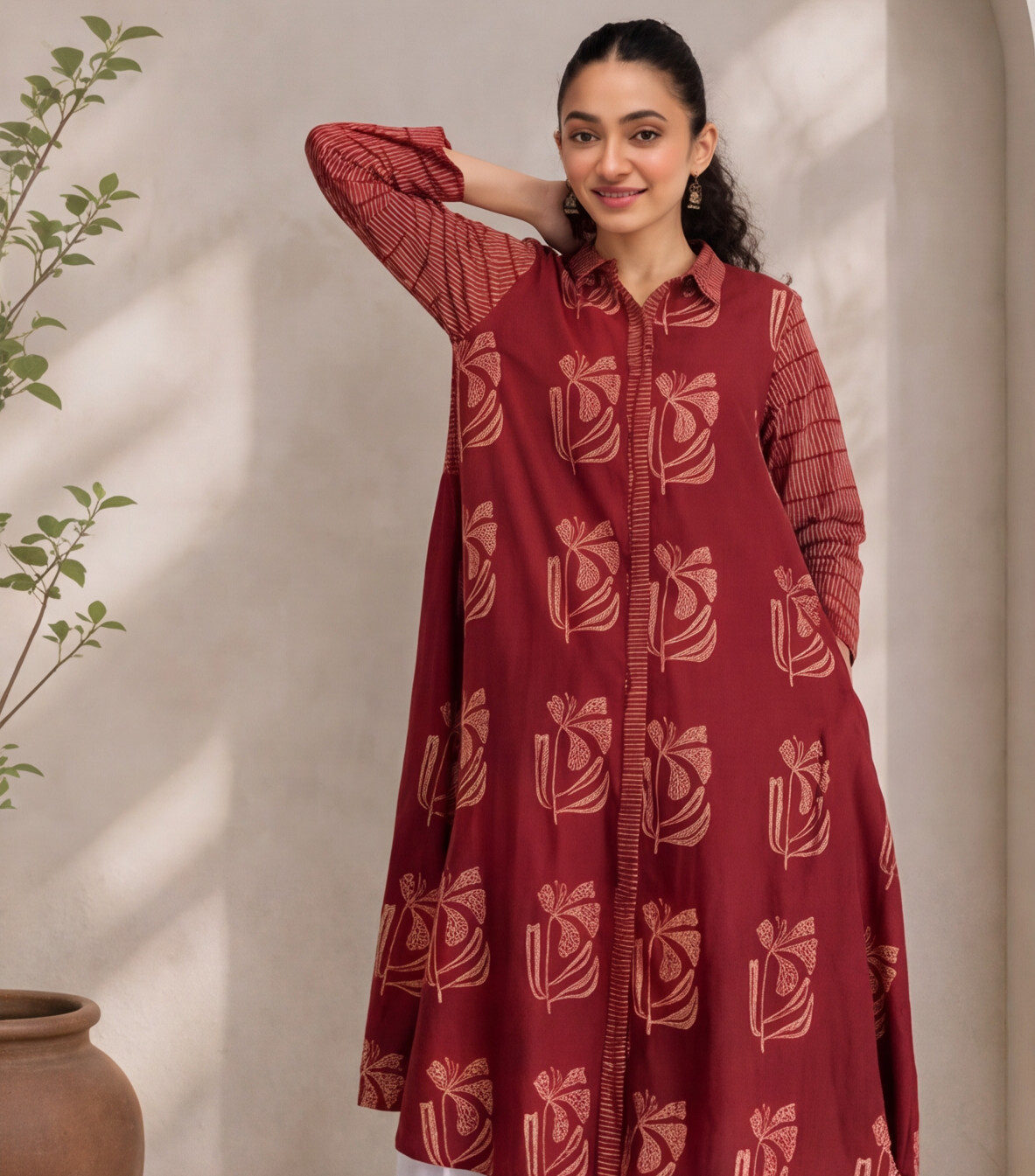 Women's Maroon Floral Printed Cotton Shirt Dress