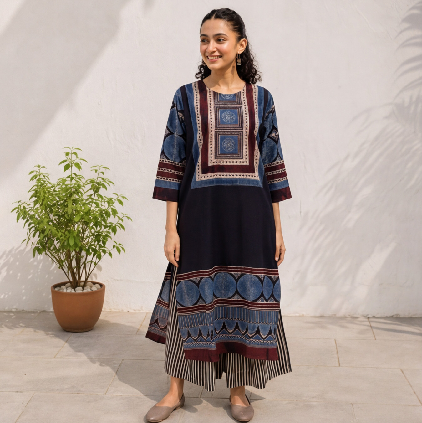 Women's Navy Blue Printed Cotton Straight Kurta