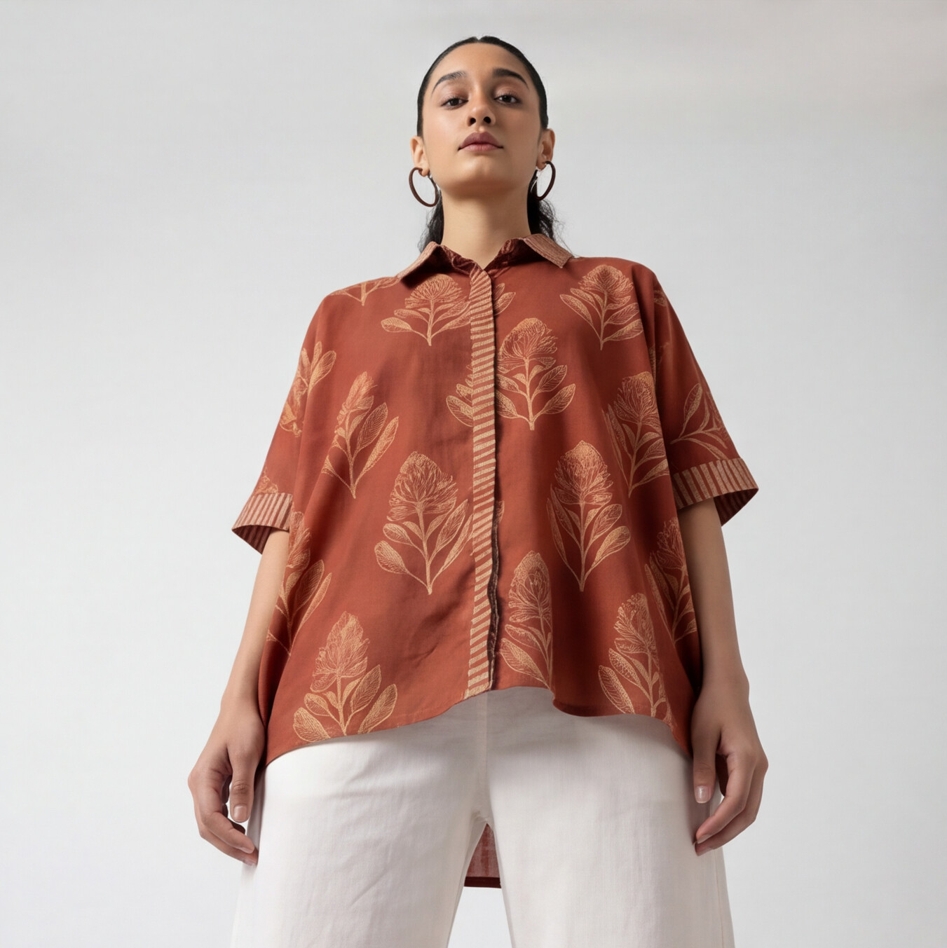 Women's Rust Leaf Print Cotton Oversized Shirt