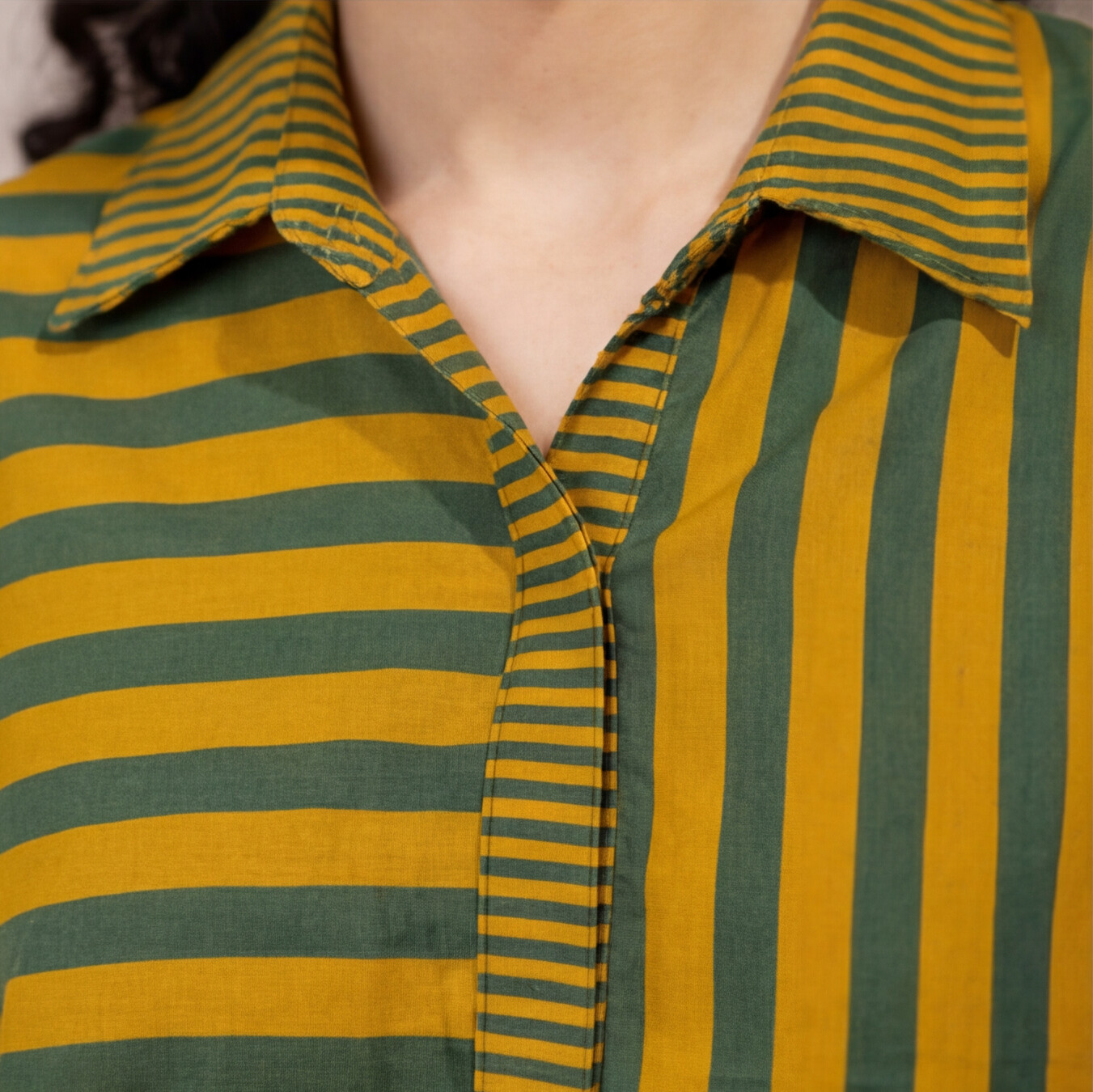Women's Olive Green & Mustard Striped Oversized Cotton Shirt