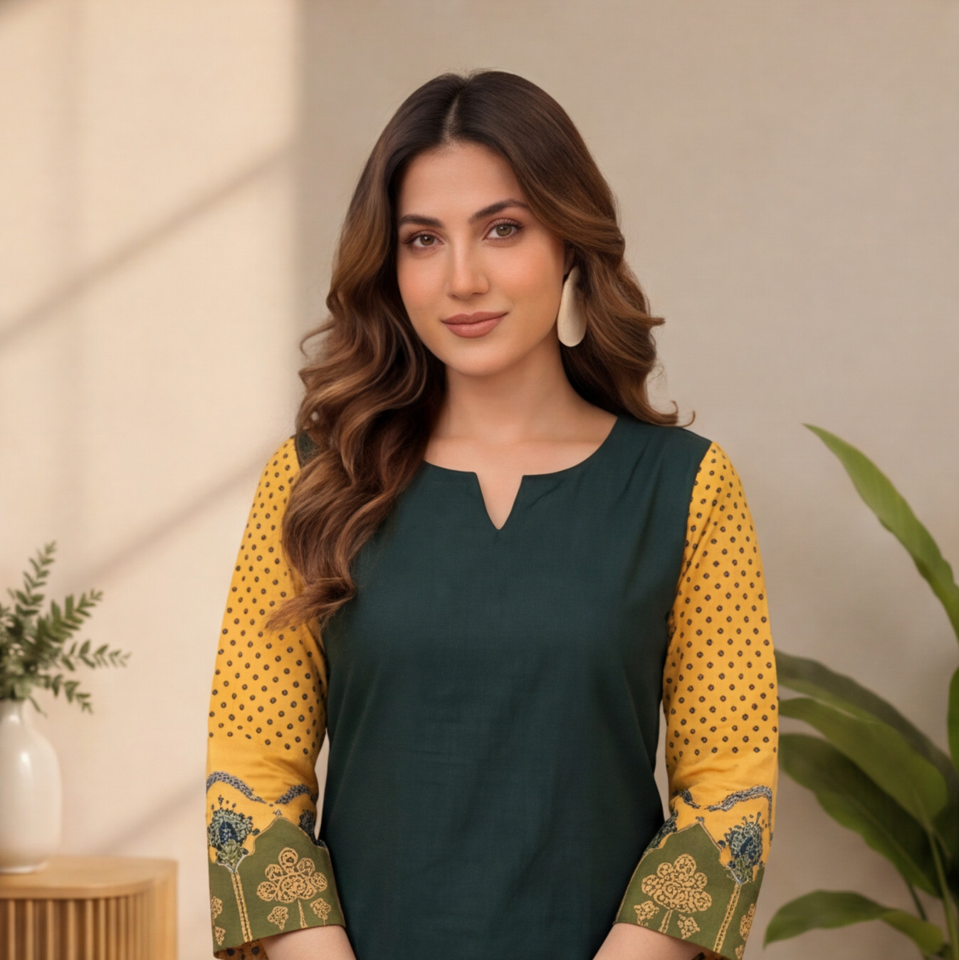 Women's Dark Green Straight Kurta Set with Mustard Printed Sleeves