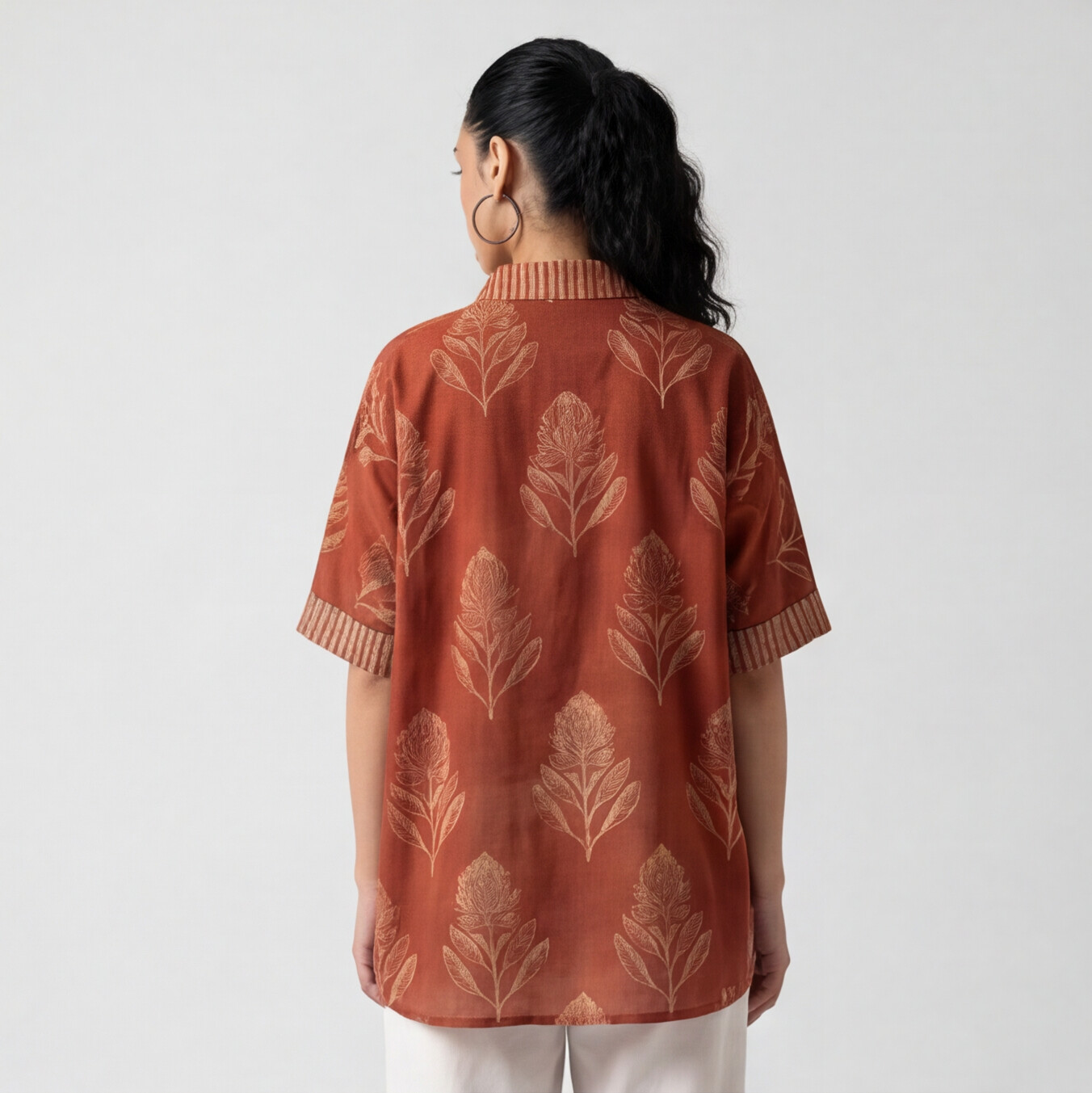 Women's Rust Leaf Print Cotton Oversized Shirt