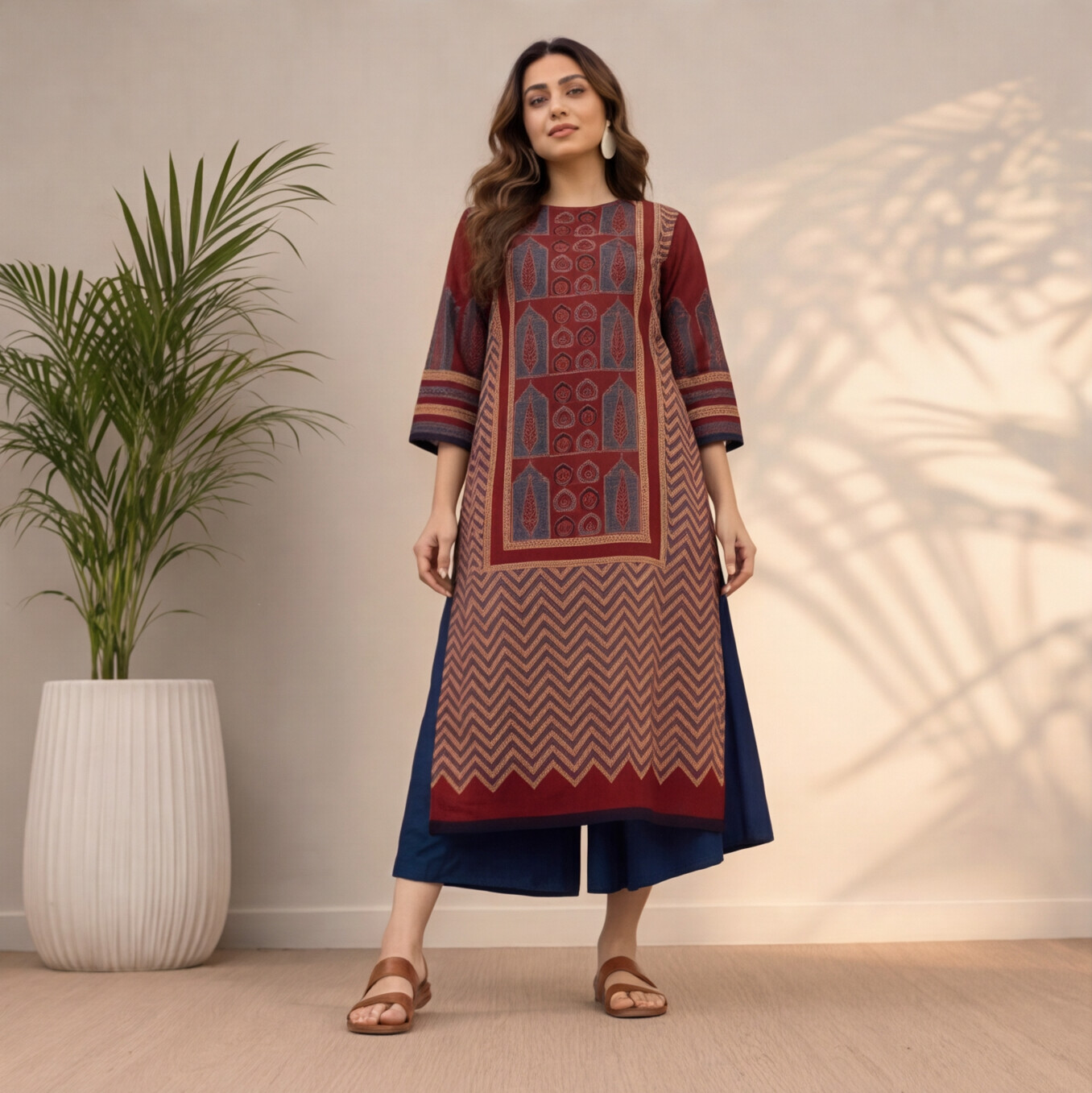 Maroon Geometric Printed Straight Kurta Set with Navy Blue Palazzo