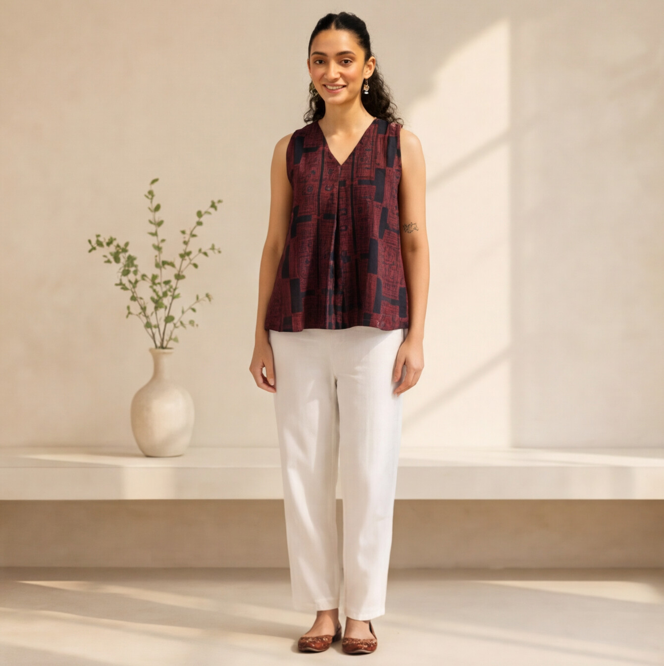 Women's Maroon Printed Sleeveless Cotton Top