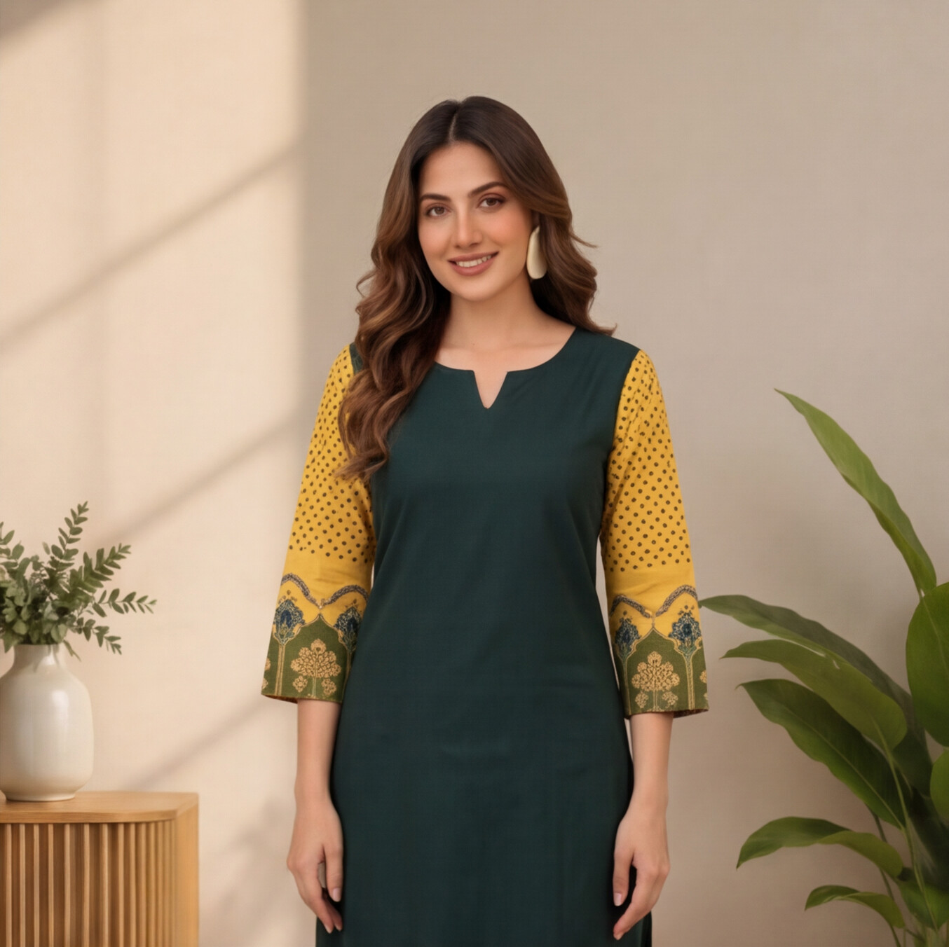 Women's Dark Green Straight Kurta Set with Mustard Printed Sleeves
