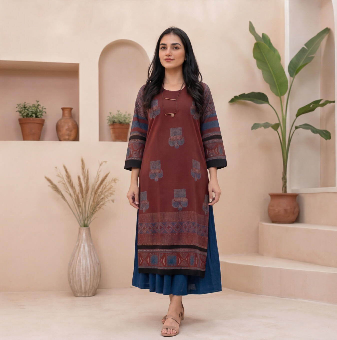 Wine Elegance Printed A-Line Kurta Set