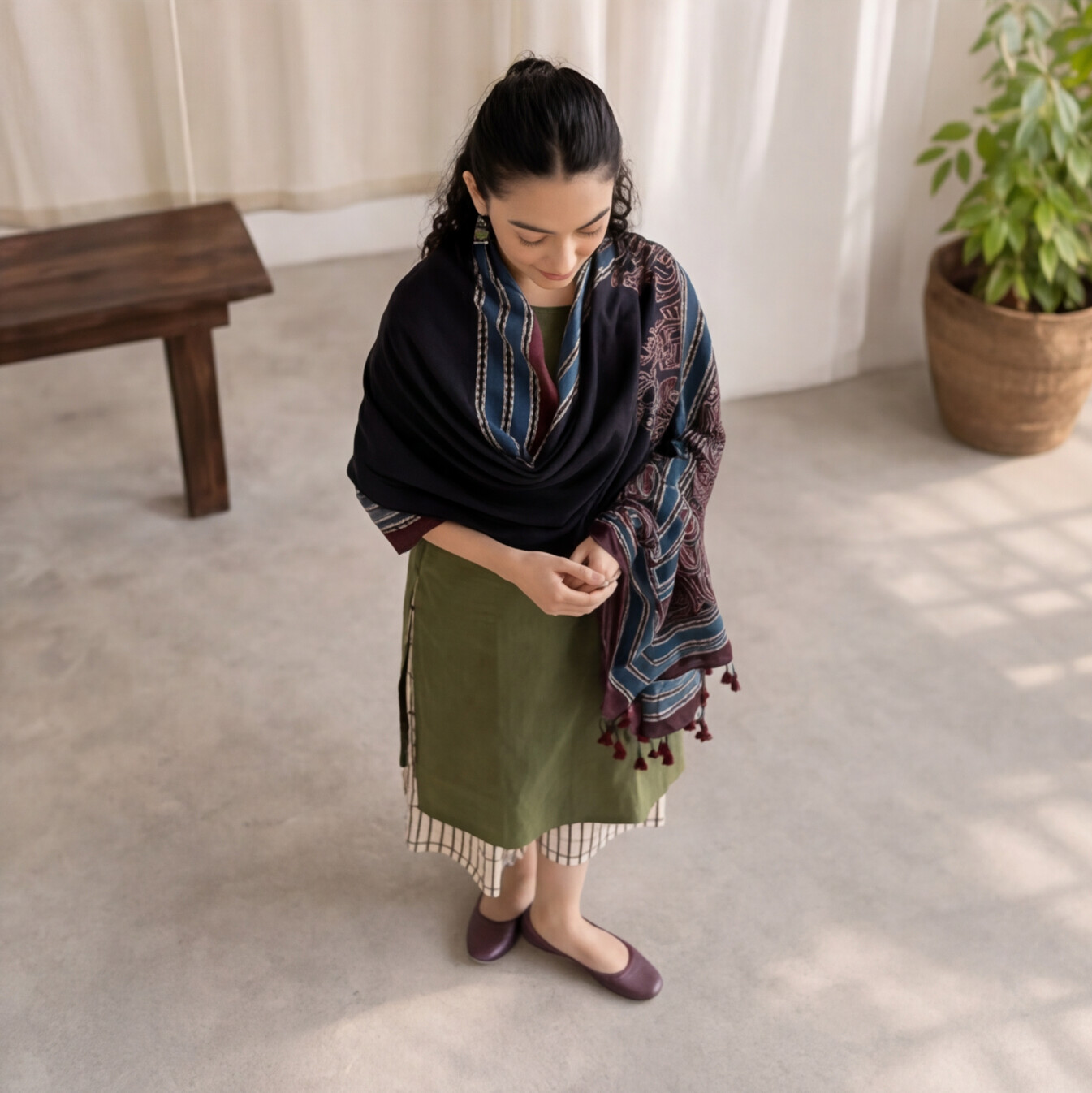 Women's Olive Green Cotton Kurta Set with Designer Printed Dupatta