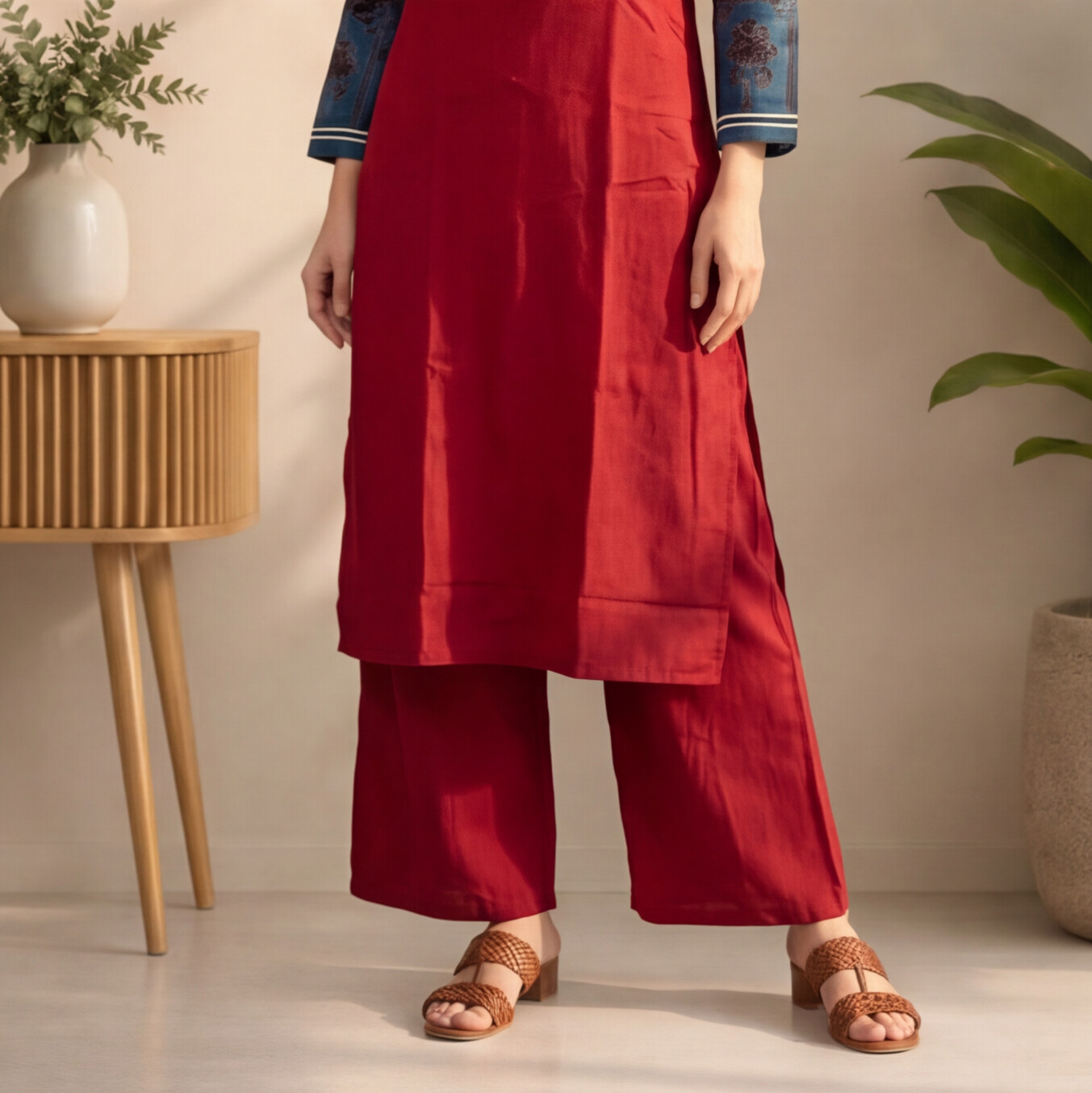 Women's Maroon Straight Kurta Set with Printed Sleeves