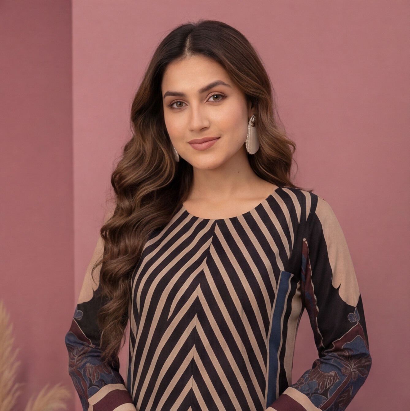 Black & Beige Chevron Printed Straight Kurta Set with Navy Blue Palazzo