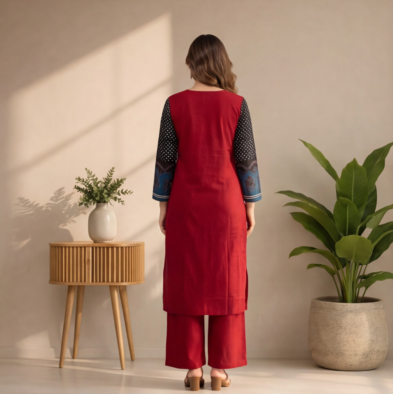 Women's Maroon Straight Kurta Set with Printed Sleeves