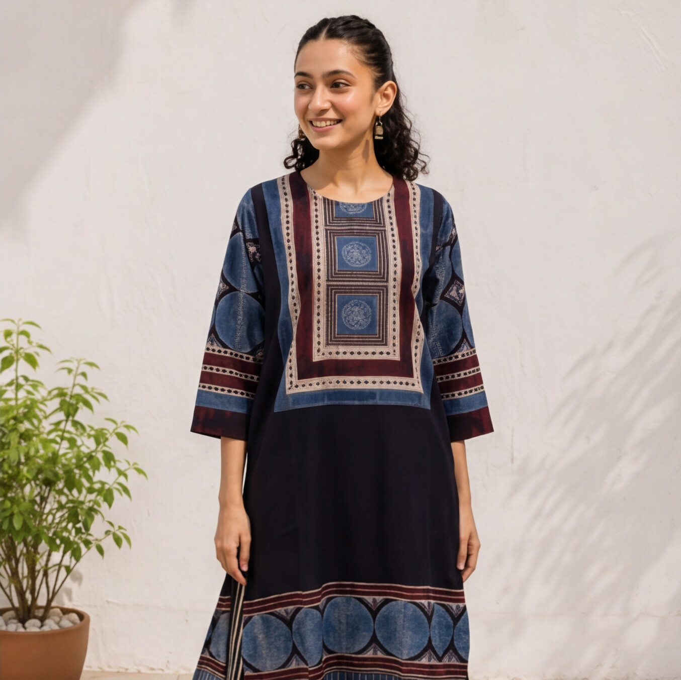 Women's Navy Blue Printed Cotton Straight Kurta