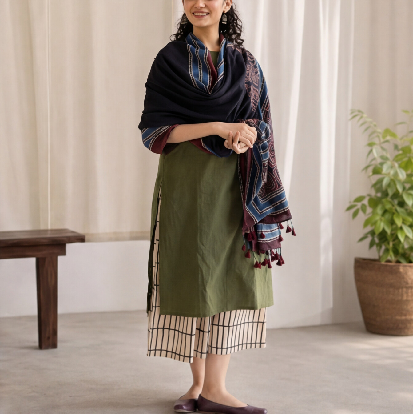 Women's Olive Green Cotton Kurta Set with Designer Printed Dupatta