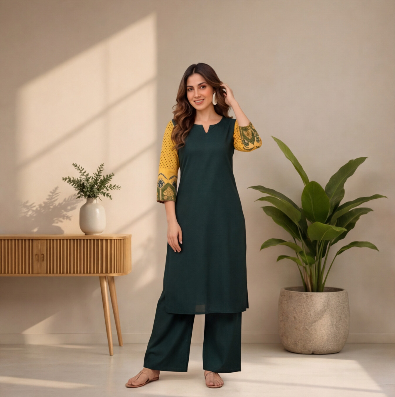 Women's Dark Green Straight Kurta Set with Mustard Printed Sleeves