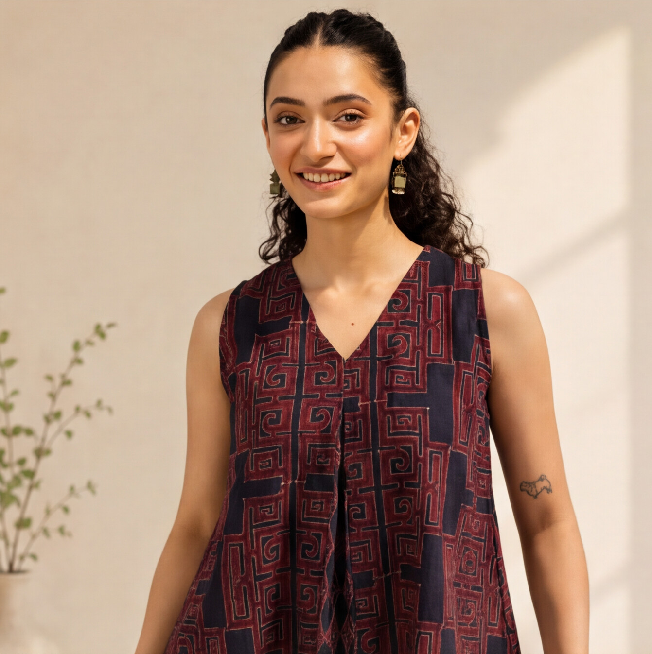 Women's Maroon Printed Sleeveless Cotton Top