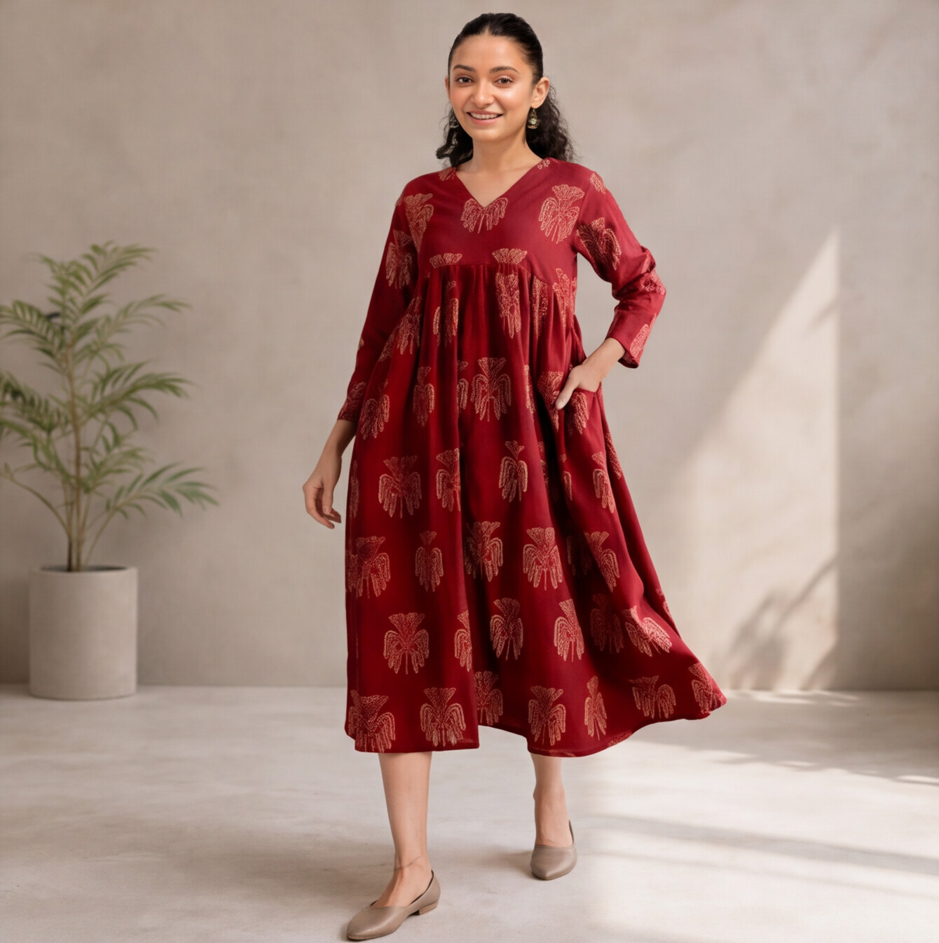 Women's Maroon Printed Cotton A-Line Dress