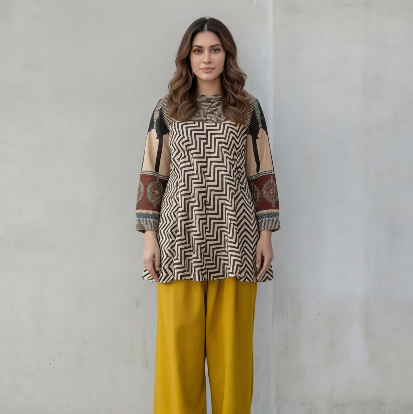 Black & Beige Geometric Printed Tunic