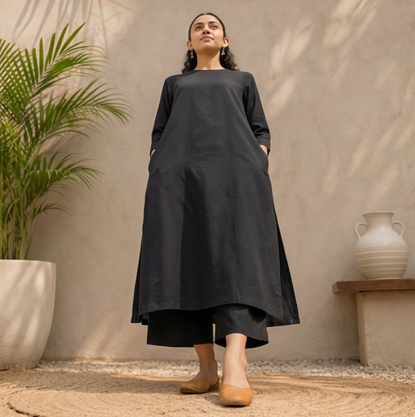 Women's Black Cotton A-Line Kurta