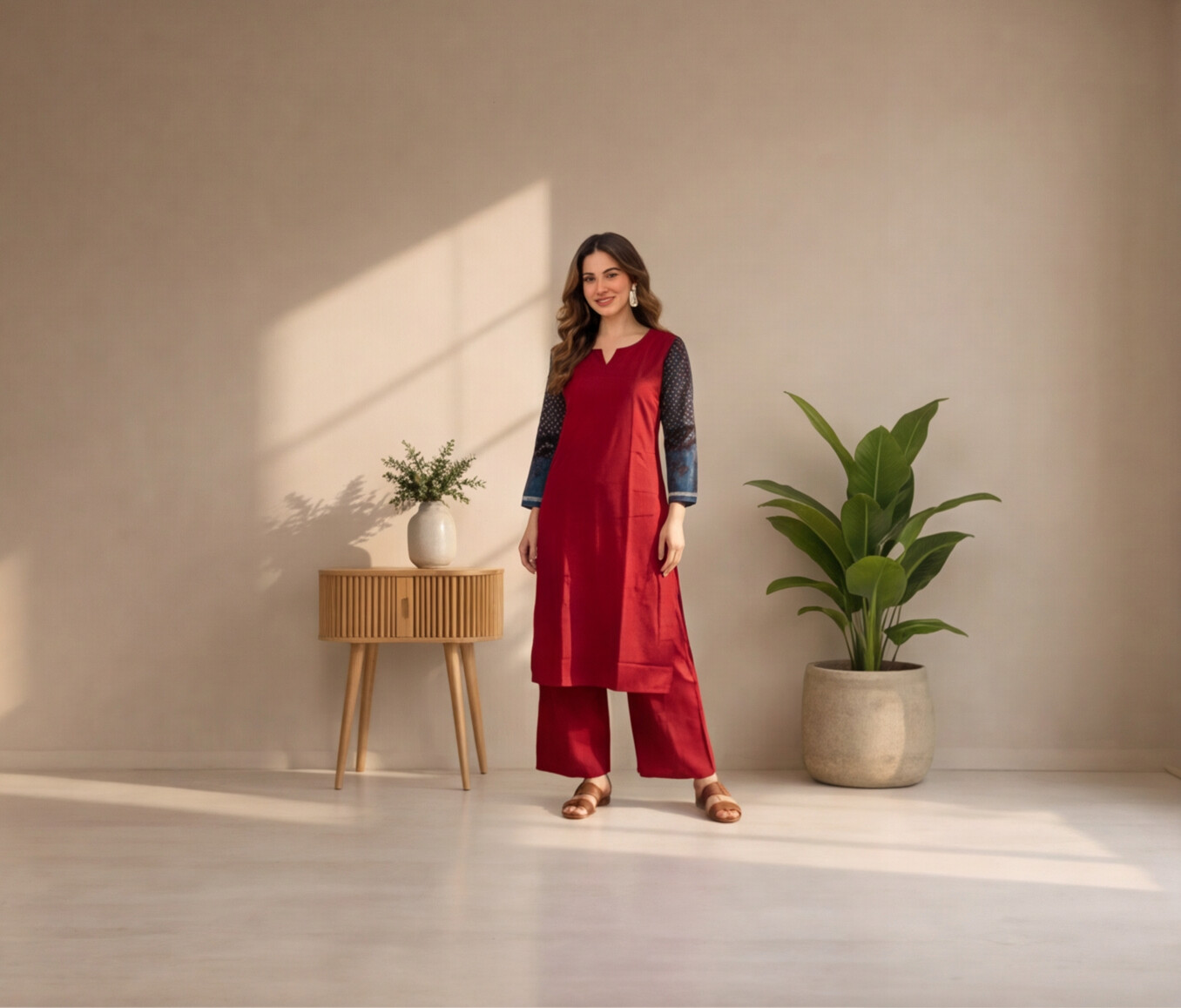 Women's Maroon Straight Kurta Set with Printed Sleeves