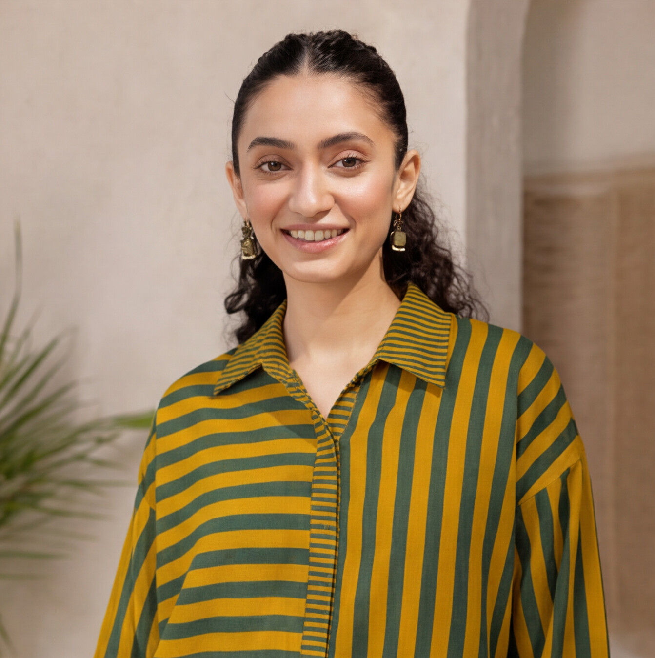 Women's Olive Green & Mustard Striped Oversized Cotton Shirt