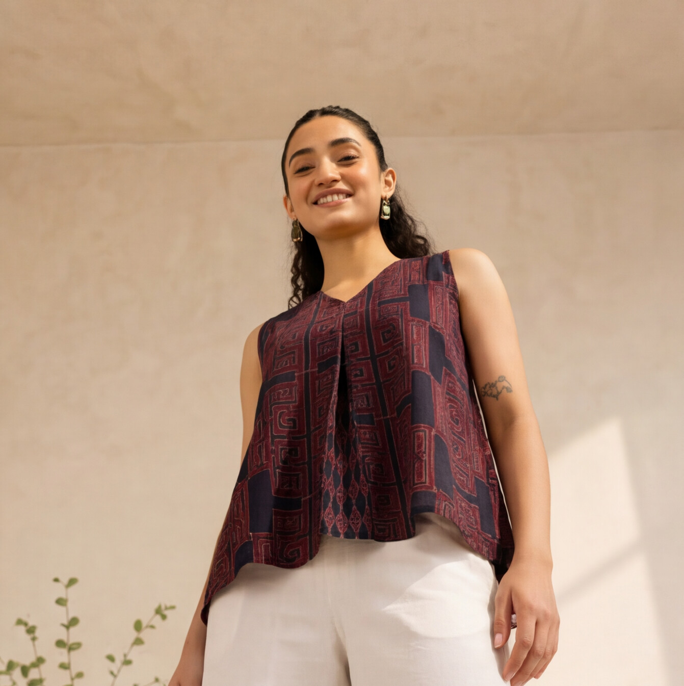 Women's Maroon Printed Sleeveless Cotton Top