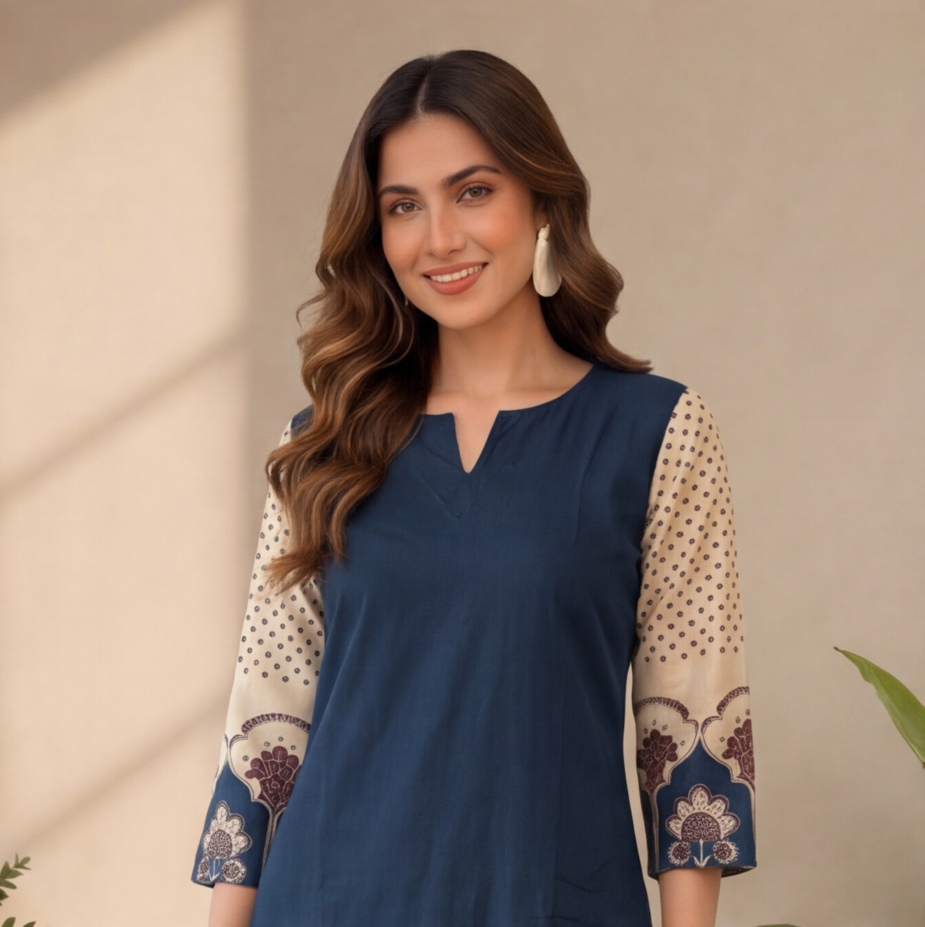 Women's Navy Blue Printed Sleeve Straight Kurta Set