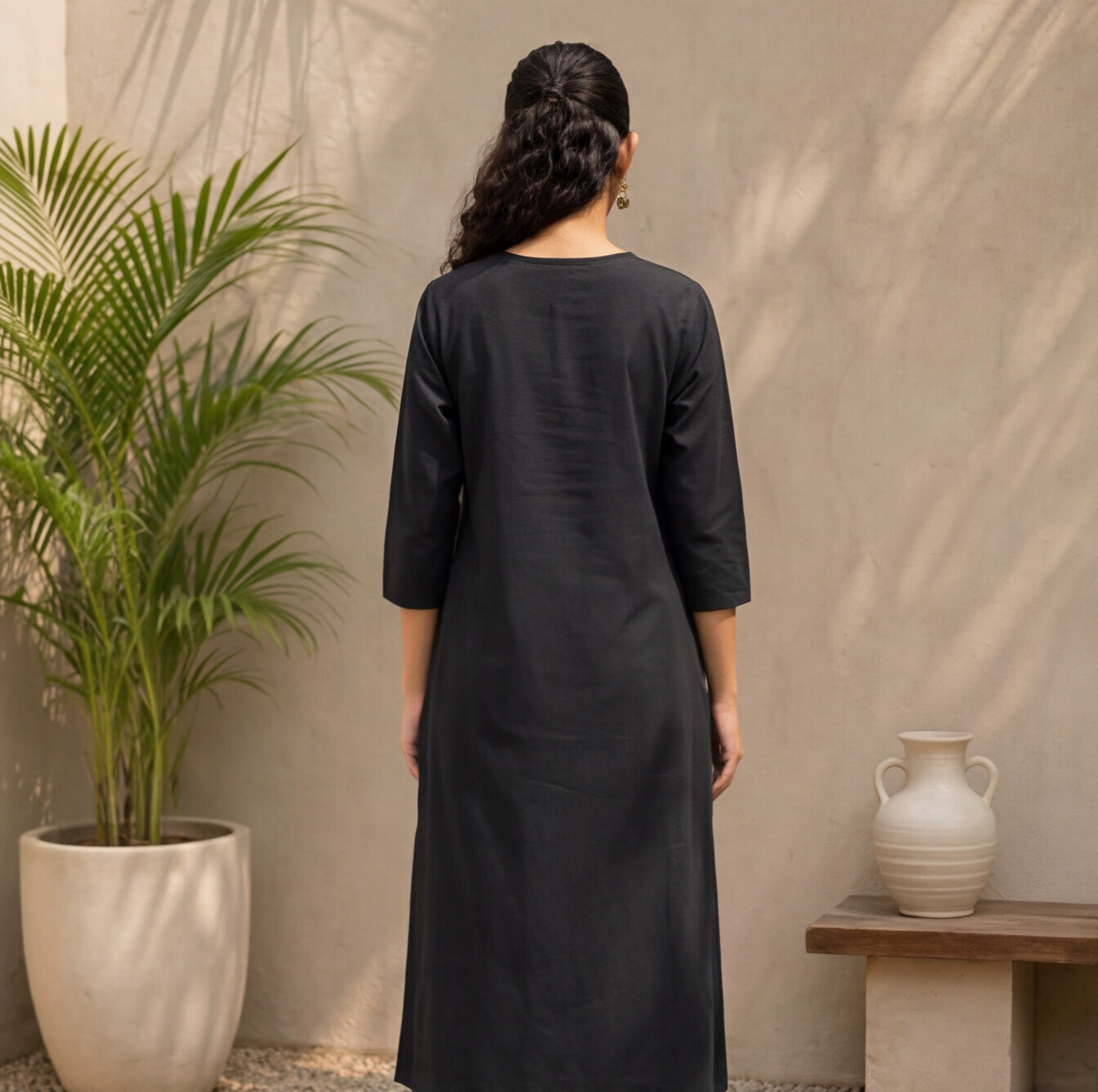 Women's Black Cotton A-Line Kurta
