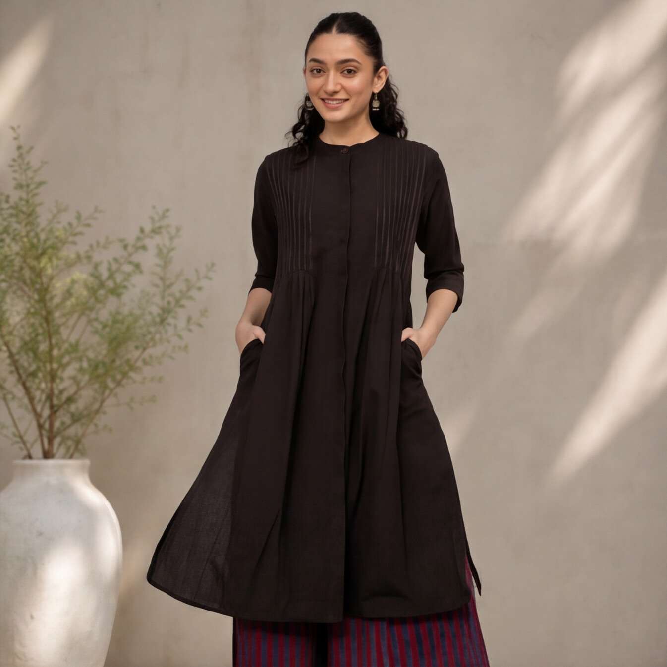 Women's Black Cotton A-Line Kurta