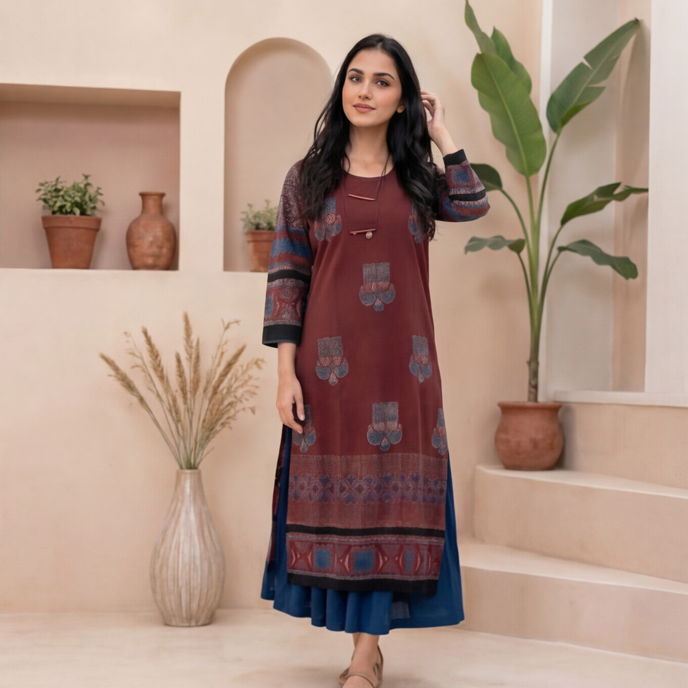 Wine Elegance Printed A-Line Kurta Set
