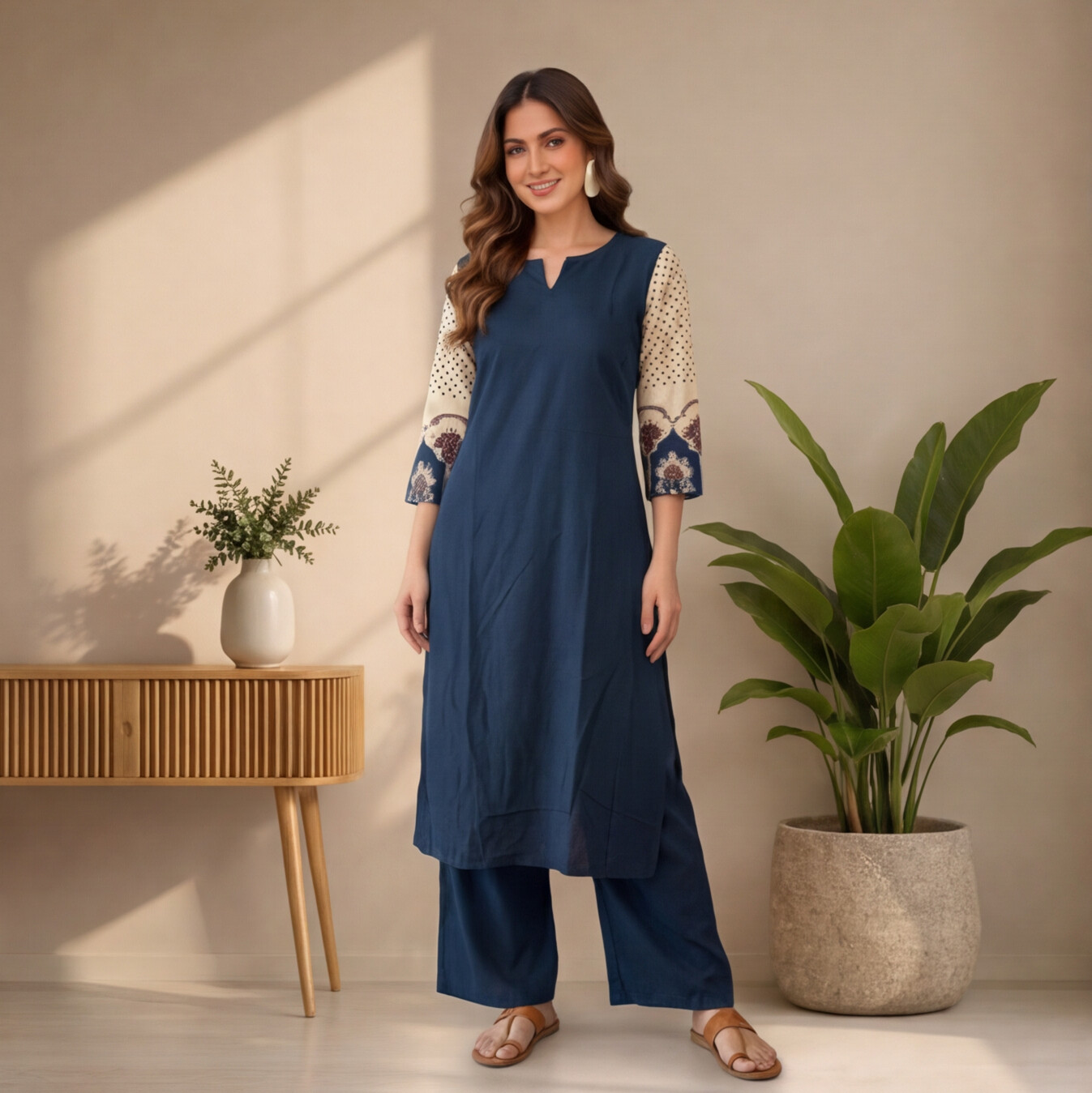 Women's Navy Blue Printed Sleeve Straight Kurta Set