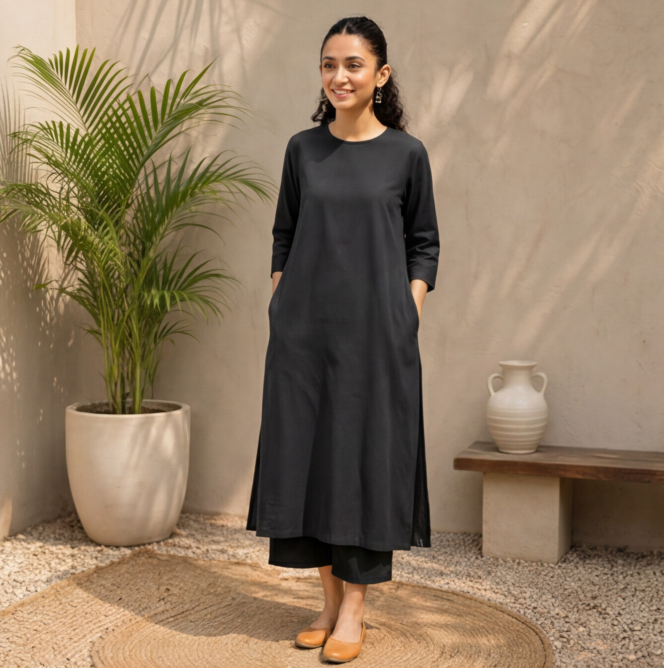 Women's Black Cotton A-Line Kurta