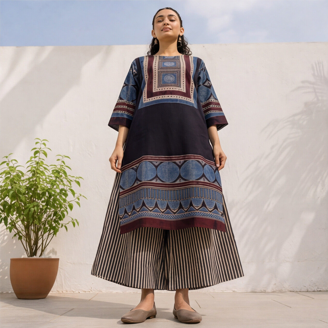 Women's Navy Blue Printed Cotton Straight Kurta