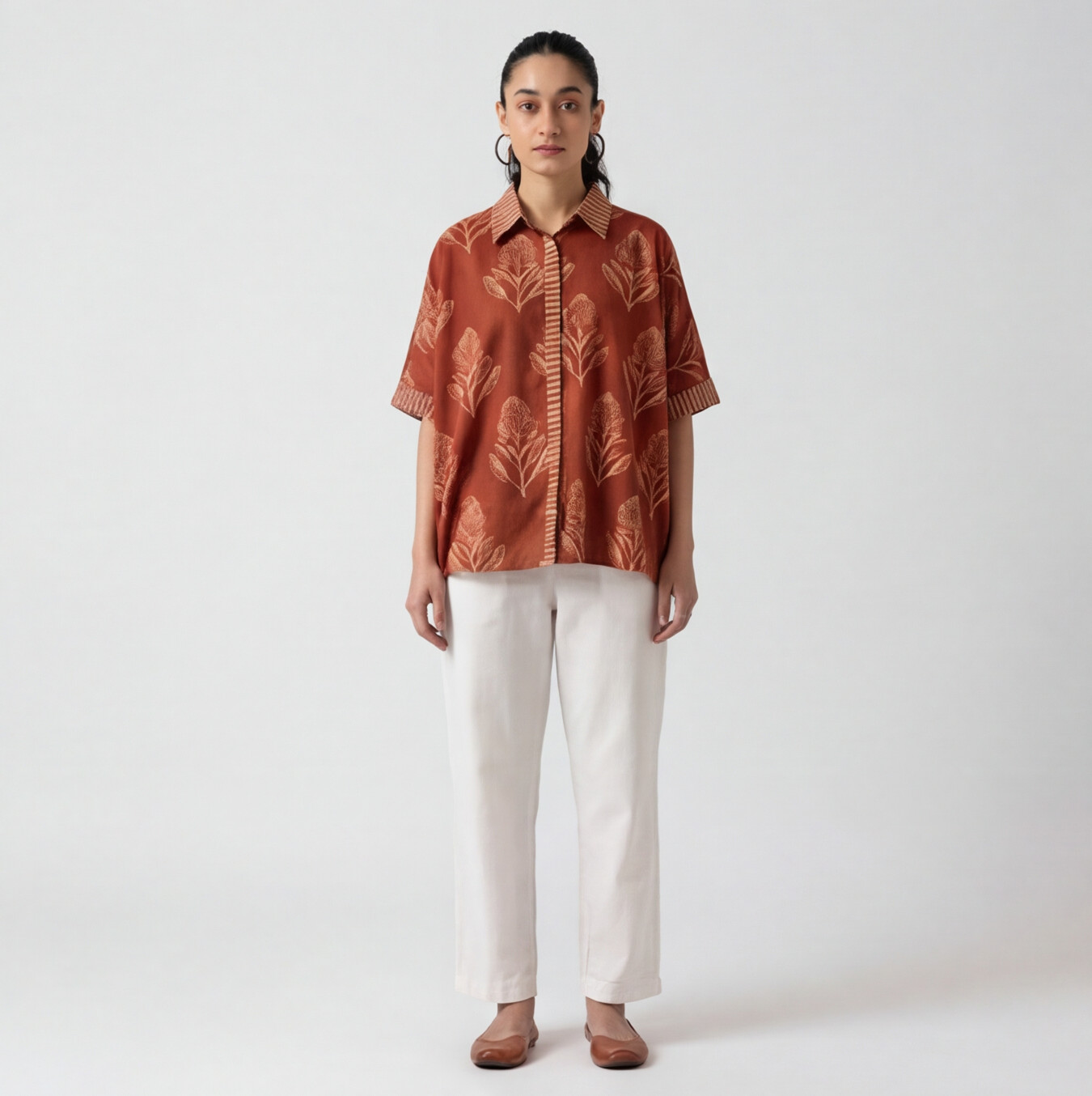 Women's Rust Leaf Print Cotton Oversized Shirt