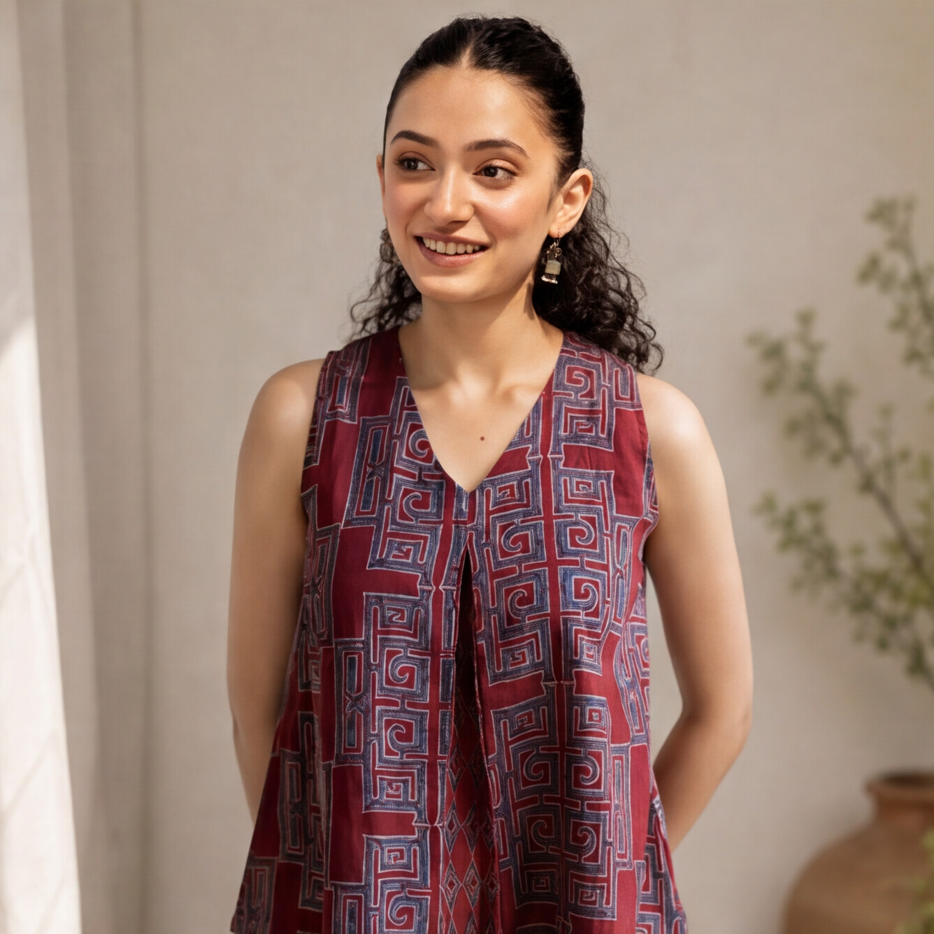 Women's Maroon Printed Sleeveless Cotton Top