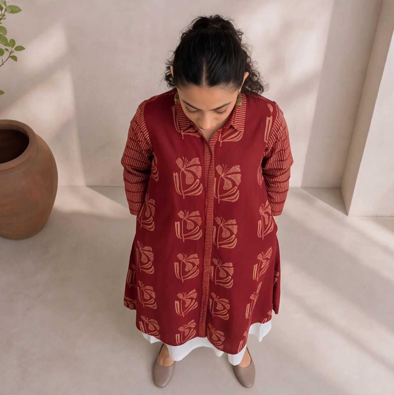 Women's Maroon Floral Printed Cotton Shirt Dress